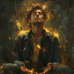 a man with his eyes closed sitting in the middle of a meditation pose, surrounded by fire and sparks