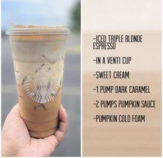 a hand holding up a starbucks cup with information about the ingredients and how to use it