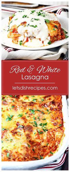 lasagna casserole with cheese and parmesan sauce in a white dish