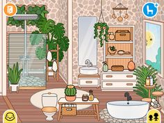 a room filled with lots of plants and potted plants next to a bathroom sink