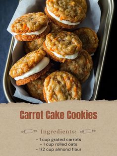 carrot cake cookies in a tin with instructions