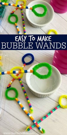 some plastic cups and straws with the words easy to make bubble wands on them