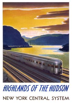 an advertisement for the new york central system shows a train on tracks with mountains in the background