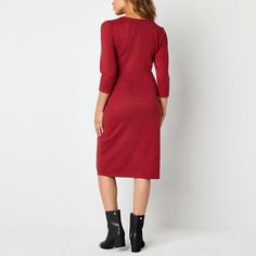 This R&K Originals women's shift dress is an effortless style you'll feel great to throw on for the office or a dinner. Made from a stretchy ribbed knit in a red hue, this fitted knee-length dress has 3/4 sleeves and a chic waist tie to define your figure. Wear it with ankle boots and your favorite accessories. Closure Type: Pullover HeadNeckline: Round NeckSleeve Length: 3/4 SleeveSleeve Style: Fitted SleeveApparel Length: 43 InchesDress Length: Knee LengthFiber Content: 97% Polyester, 3% Span… Fitted Knee Length Dress, Small Dresses, Womens Shift Dresses, Shift Dresses, Large Dress, Dress Red, Knee Length Dress, Waist Tie, Effortless Style