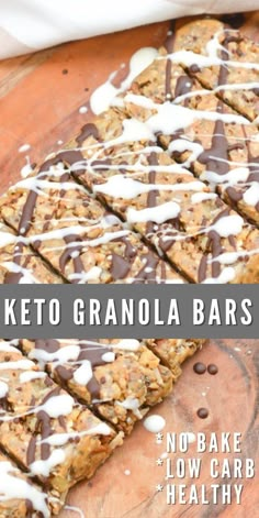 no bake low carb keto granola bars with chocolate drizzle