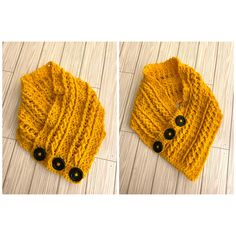 two pictures of a knitted hat with buttons on the front and back, one in yellow