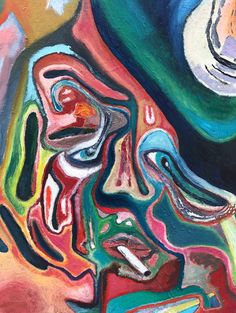 an abstract painting of a man's face with different colors and shapes on it