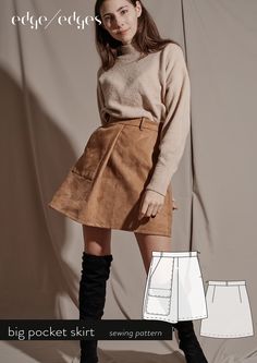 The perfect cold weather skirt has entered the chat. The Big Pocket Skirt defies regular A-Line winter skirts with its pocket overlay variations, thick fabric and tapered waist. The simplistic design defines the natural curve of your body, yet allows for comfort and movement. Let this piece walk you comfortably through all seasons. Pair with black or patterned tights, boots and a oversized coat for the perfect chic look. Classic Sewing Patterns, Coat Pattern Sewing, Patterned Tights, Winter Skirt, Silky Dress, Simplistic Design, Skirt Patterns Sewing, Oversized Coat, Top Sewing Pattern