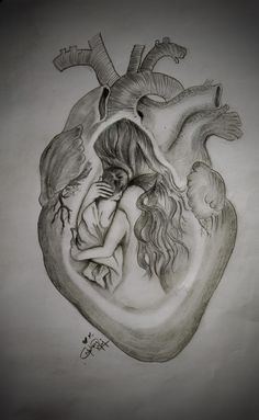 a pencil drawing of a heart with two people hugging it's sides and the words,