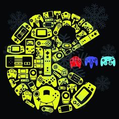 an apple logo made up of video game controllers and snowflakes on a black background