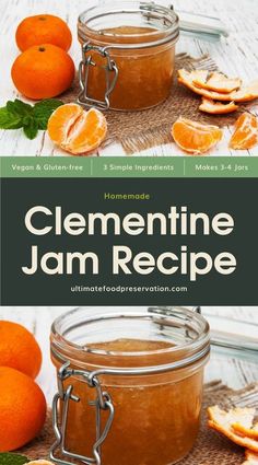 homemade jam recipe with oranges and mint leaves on the side, in mason jars