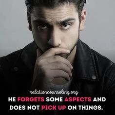 a man in black jacket holding his hand to his mouth with the caption he forgets some aspects and does not pick up on things