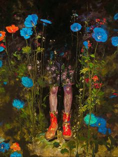 a painting of boots and flowers in front of a black background with blue, red, orange and pink flowers