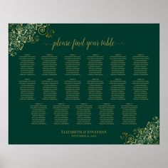 a green and gold wedding seating chart