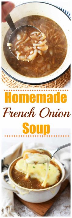 homemade french onion soup in a white bowl with the title overlay reads homemade french onion soup