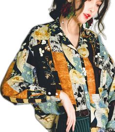 Oversized Vintage Shirt For Fall, Vintage Oversized Shirt For Fall, Oversized Multicolor Graphic Print Blouse, Oversized Floral Print Shirt For Fall, Oversized Graphic Print Blouse For Fall, Oversized Fall Blouse With Graphic Print, Oversized Long Sleeve Shirt With Abstract Print, Multicolor Graphic Print Shirt For Fall, Multicolor Retro Print Shirt For Fall