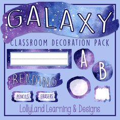 the galaxy classroom decoration pack is shown in purple, blue and white with space on it