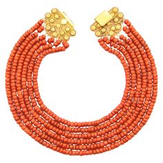 This antique 19th century red coral necklace is set with a large 18 karat gold clasp. The clasp is made of fine filigree and cannetille work, the craftsmanship is stunning. The closure of the clasp has a lovely floral engraving. The six strands are created of natural coral set with barrel-shaped beads and strung with red thread. The coral is of good quality and has a beautiful color- Corallium Rubrum. In the 16th century, the traditional costume was created in the Netherlands, including jewelry made of coral, which lasted until the 20th century. These types of jewels represent a varied and rich historical Dutch cultural heritage, worn by women in some parts of the Netherlands. This type of necklaces were especially worn in the northern part of The Netherlands. The necklace is in very good Fine Embroidery, Red Coral Necklace, Coral Beads Necklace, Boheme Chic, Zodiac Designs, Woman Jewelry, Living Coral, Gold Bead Necklace, Miriam Haskell