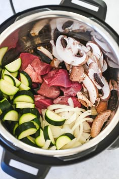 the food is prepared and ready to be cooked in the instant pressure cooker or crock pot