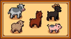 four pixel animals are shown on a brown and beige background, each with different colors