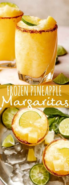 frozen pineapple margaritas on a plate with lime slices and garnishes