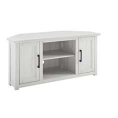 a white entertainment center with two doors and shelves