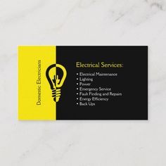 a business card for electrical services with a light bulb on the front and yellow background