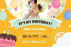 a birthday card with an image of a cake and balloons in the background that says, it's my birthday alice is turning 1 come celebrate with us