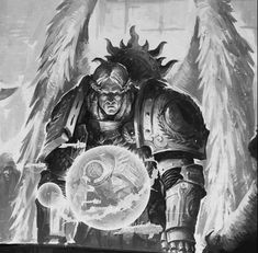 a black and white drawing of an angel holding a crystal ball in front of him