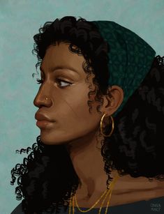 a digital painting of a woman with curly hair wearing a green hat and gold hoop earrings