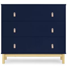 a blue chest of drawers with brass handles and knobs on the front, against a white background