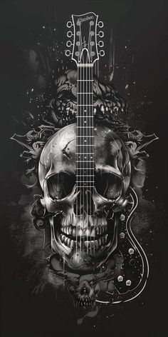 a black and white drawing of a guitar with skulls on the neck, surrounded by flowers