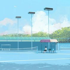 a painting of a tennis court with two people sitting at a bench on the side