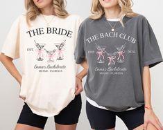 two women standing next to each other wearing t - shirts that say the bride and the bachelor