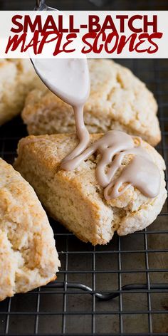 a cookie being drizzled with white frosting on top of it and the words, small batch maple scones