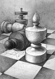 a pencil drawing of chess pieces on a checkered floor