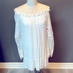 Size Medium Long Sleeve Romper Dress. Perfect For Any Occasion. Ivory W / Lace Sleeves. Too To Bottom 28” Long White Off-shoulder Dress For Day Out, White Off-shoulder Mini Dress For Daywear, White Off-shoulder Feminine Dress, White Feminine Off-shoulder Dress, Feminine White Off-shoulder Dress, White Fitted Tunic Mini Dress, Off-white Dresses With Lace Trim For Day Out, Off White Lace Trim Dress For Day Out, Off White Dresses With Lace Trim For Day Out