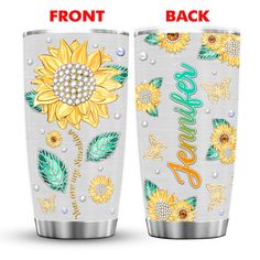 two stainless steel tumblers with sunflowers and butterflies on them, one has the word