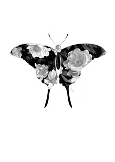 a black and white drawing of a butterfly with flowers on it's back wings