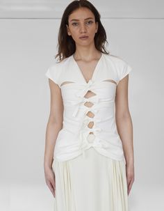 Materials: econyl    colors: white    description: white econyl top with knotted bows details Caged Sandals, Black Tank Dress, Black Aviators, Neon Purple, Boyfriend Tee, Engineered Garments, Ruched Dress, Albania, Blue Cream