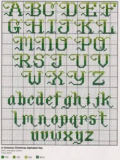 the cross stitch alphabet is shown with numbers and letters in green, black and white