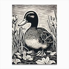 a black and white drawing of a duck in the water