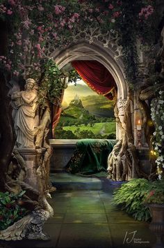 an archway leading into a lush green forest filled with trees and flowers, next to a statue