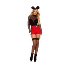 a woman in mickey mouse costume is posing for the camera with her hands on her hips