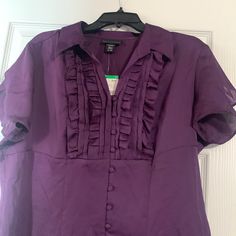 Nwt Never Worn Purple Women’s Button Down Shirt Blouse - Flutter Sleeves Purple Short Sleeve Blouse With Buttons, Purple Short Sleeve Button Blouse, Sheer White Shirt, Printed Chiffon Tops, Stretchy Tops, Women Long Sleeve Tops, Bell Sleeve Blouse, Flutter Sleeves, Short Sleeve Blouse