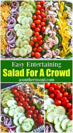 the salad for a crowd is made with fresh vegetables and sliced up cucumbers