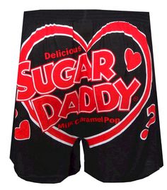 Calling all Sugar Daddies! These boxer shorts are designed to look like a tuxedo jacket with Sugar Daddy candy sticking out of the pocket and the phrase, "Want Me To Be Your...Sugar Daddy" on a black background. Boxers have a covered elastic wasitband and button fly. Machine wash, easy care. Personalized Boxer Shorts, I Love Dilfs Shorts, Candy Sticks, Mens Boxers, Tuxedo Jacket, Stick It Out, Boxer Shorts, Knit Cotton, Lounge Pants