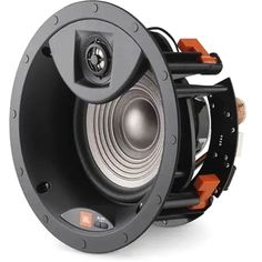 the front view of a speaker on a white background with an orange and black trim