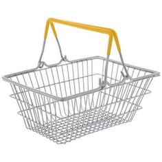 a metal basket with yellow handles