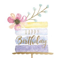 a happy birthday cake with flowers on top is painted in pastel colors and has the words, happy birthday